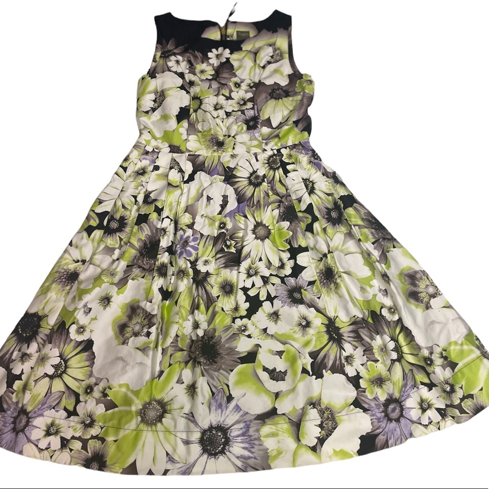 TAYLOR Just Taylor Green Gray Purple Floral Garden Party Tea Dress